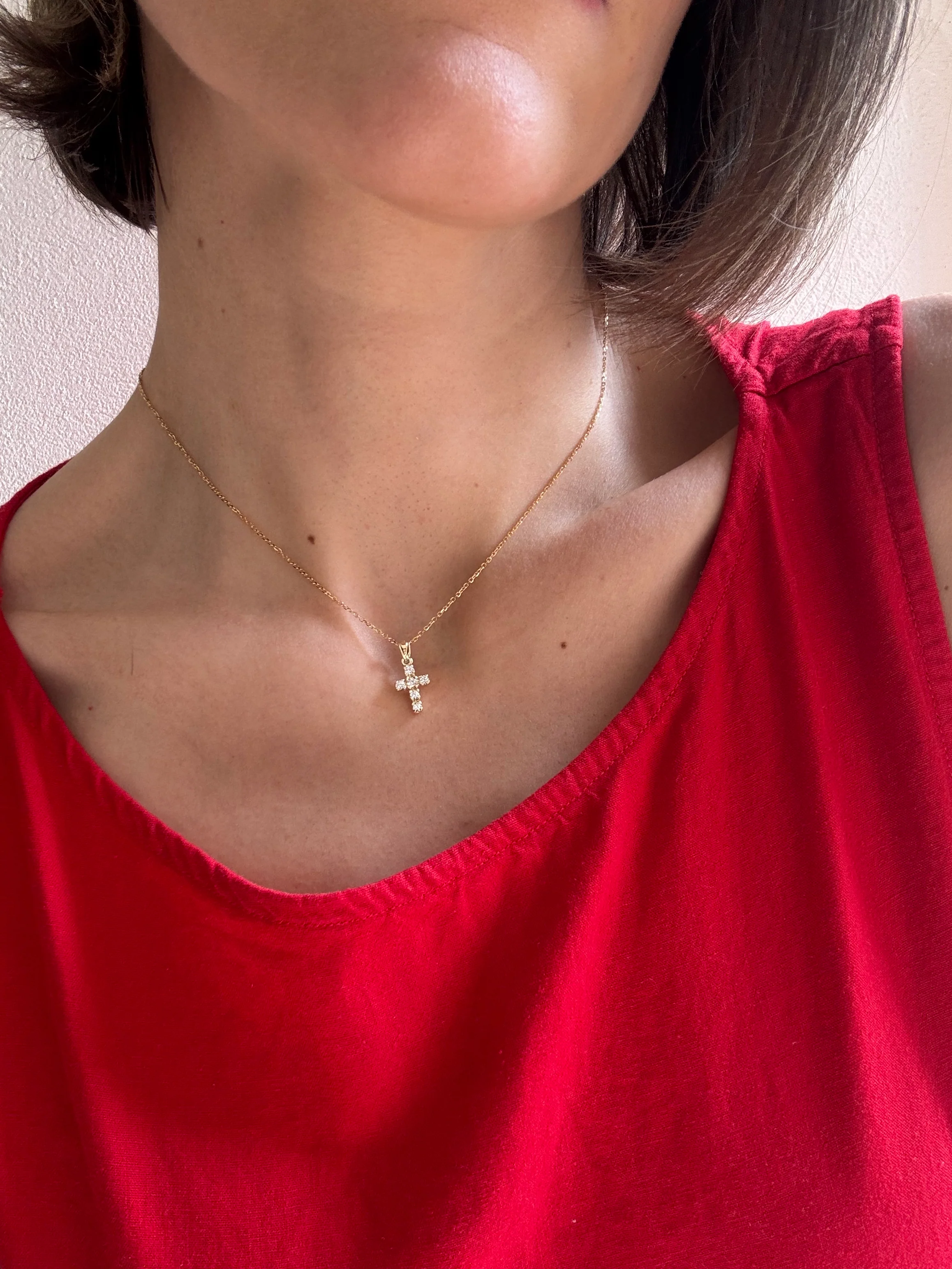 10k Yellow Gold Mini Prong Cubic Cross Necklace - Image 2