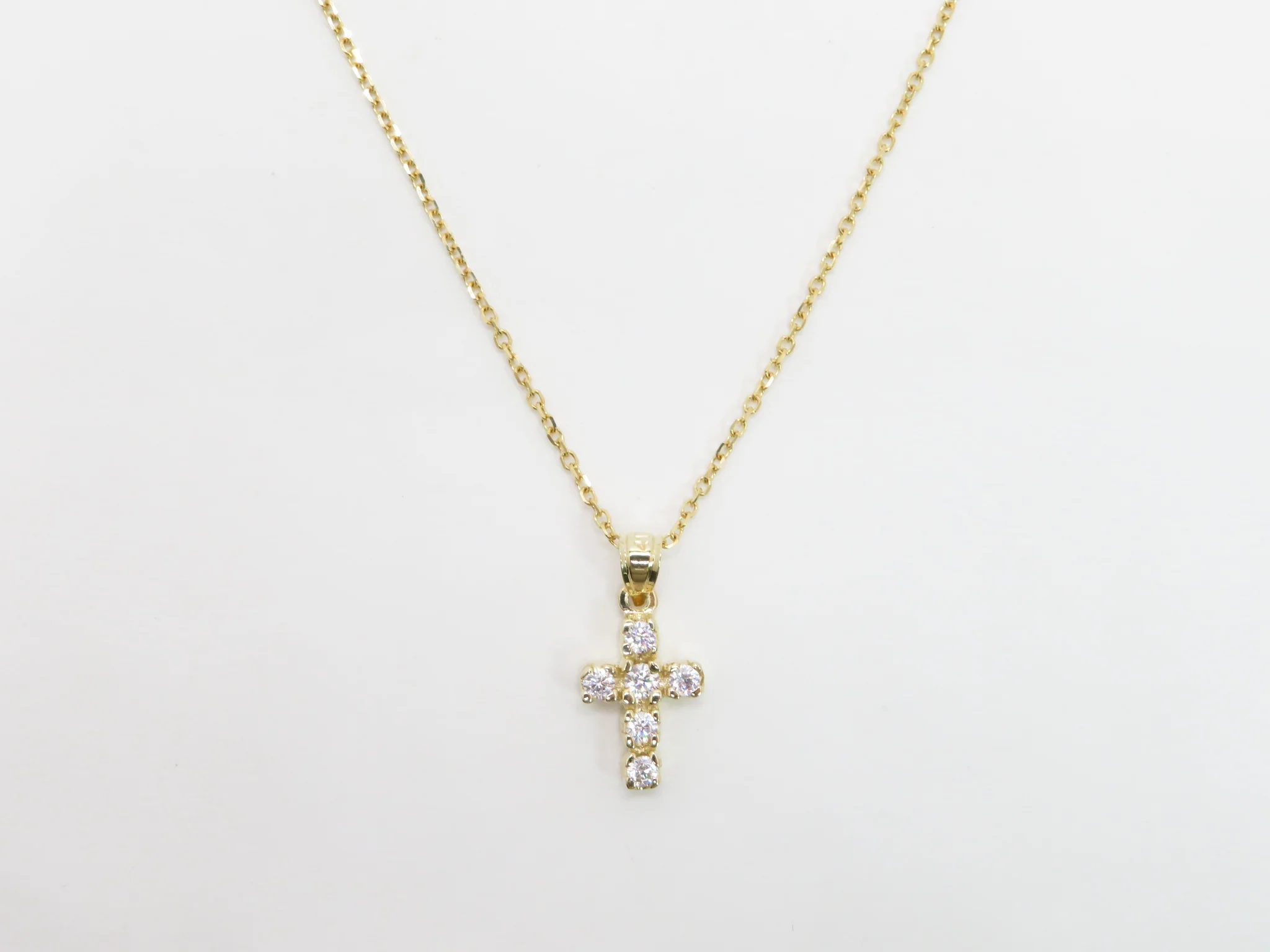 10k Yellow Gold Mini Prong Cubic Cross Necklace - Image 5