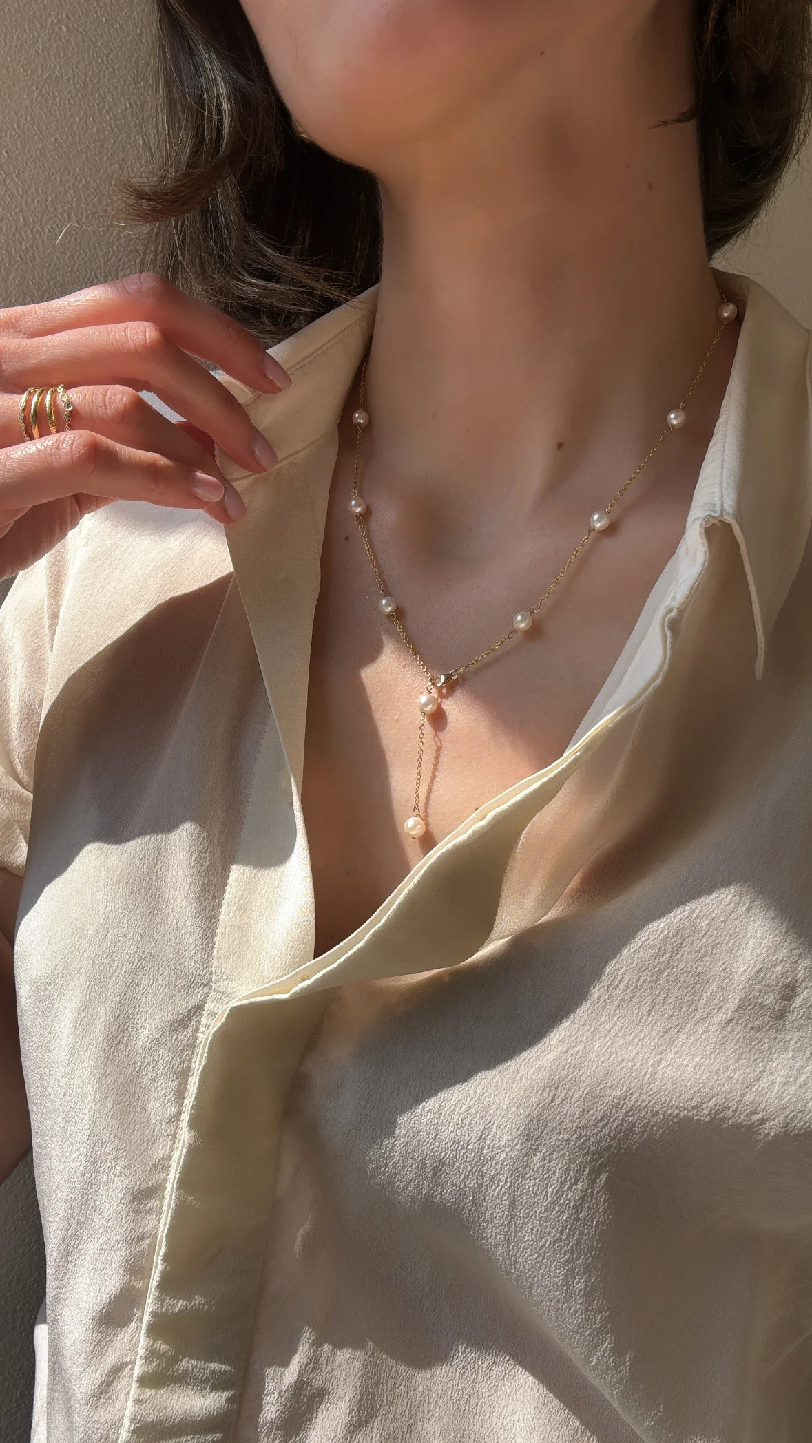 10k Yellow Gold Pearl Station Necklace - Image 4