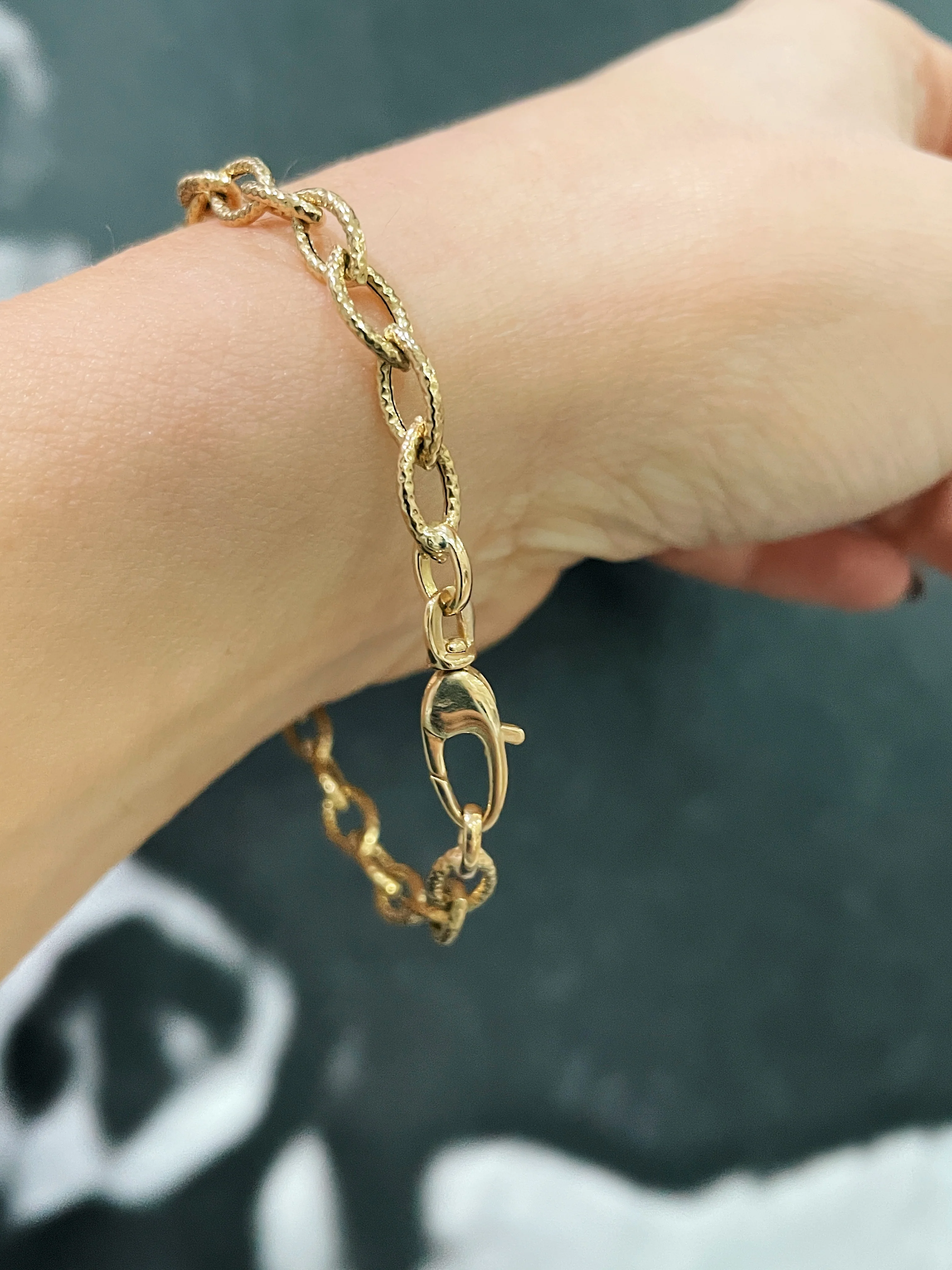 14k Yellow Gold Etched Marquise Link Bracelet - Image 2