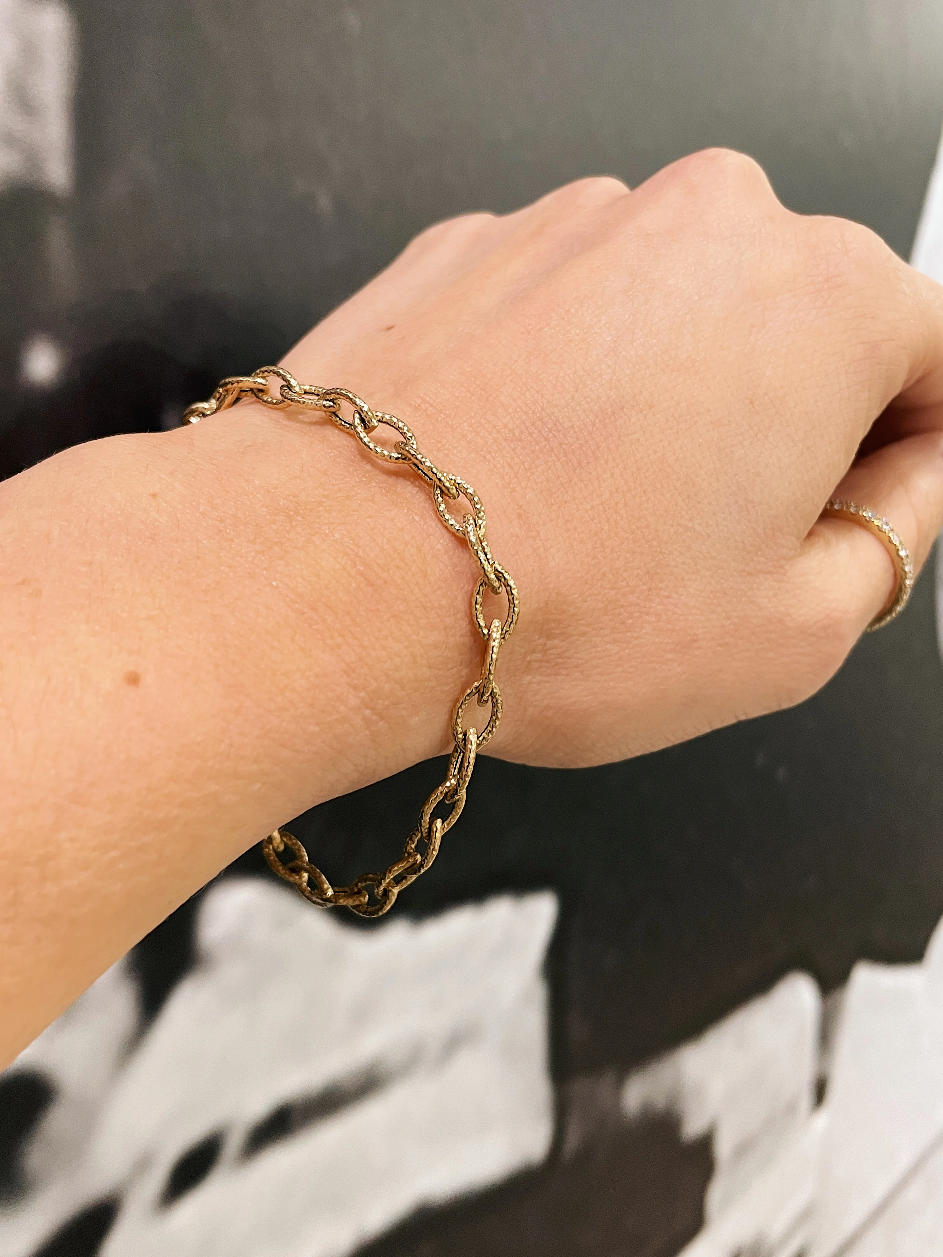 14k Yellow Gold Etched Marquise Link Bracelet - Image 4