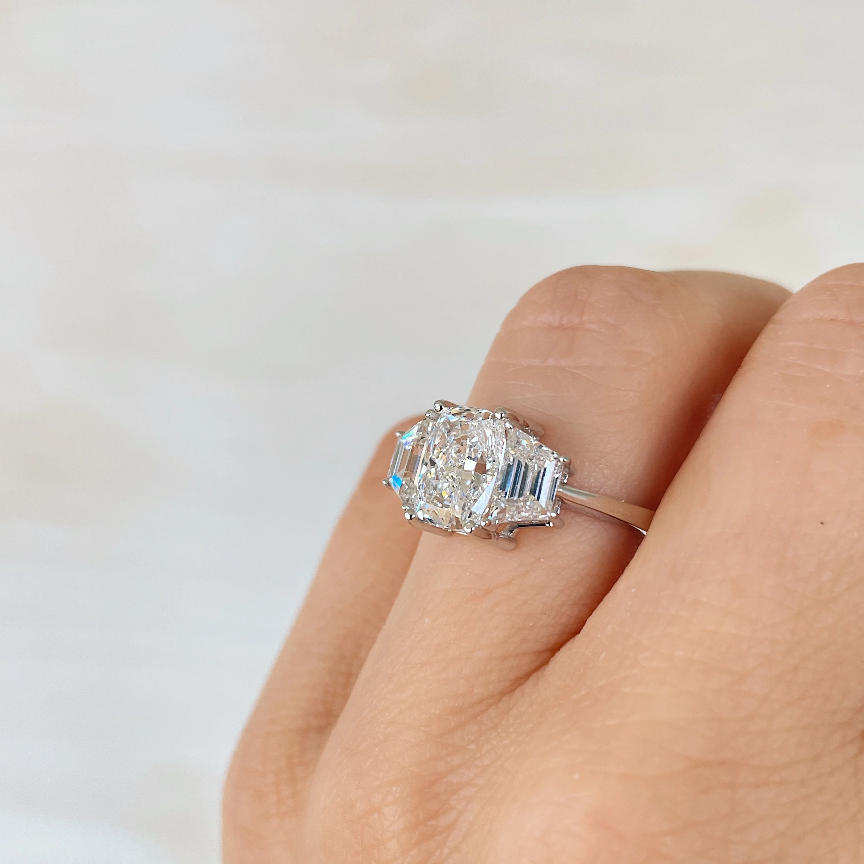 14k Three Stone Cushion with Trapezoids LAB Ring - Image 3