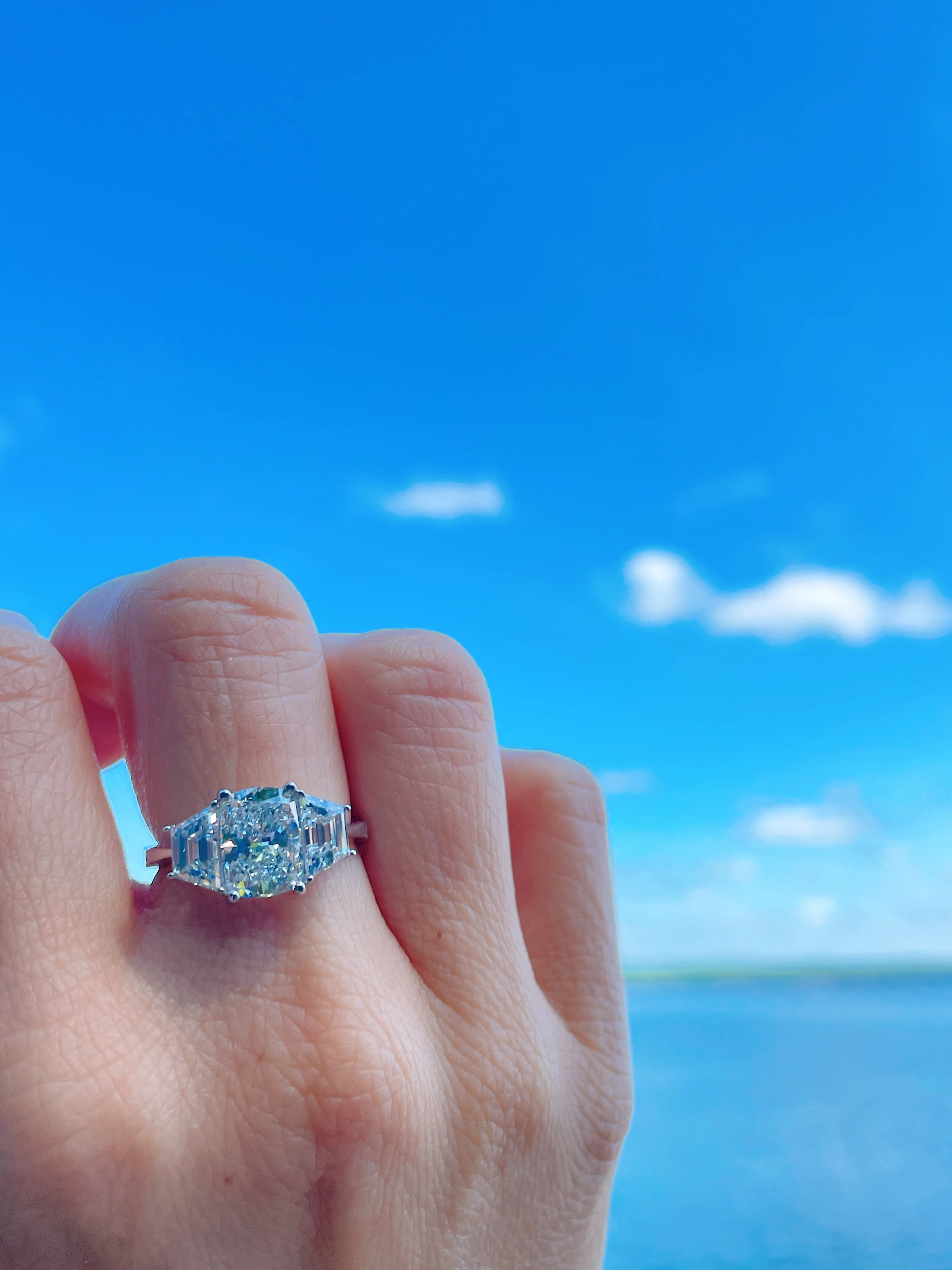 14k Three Stone Cushion with Trapezoids LAB Ring - Image 4