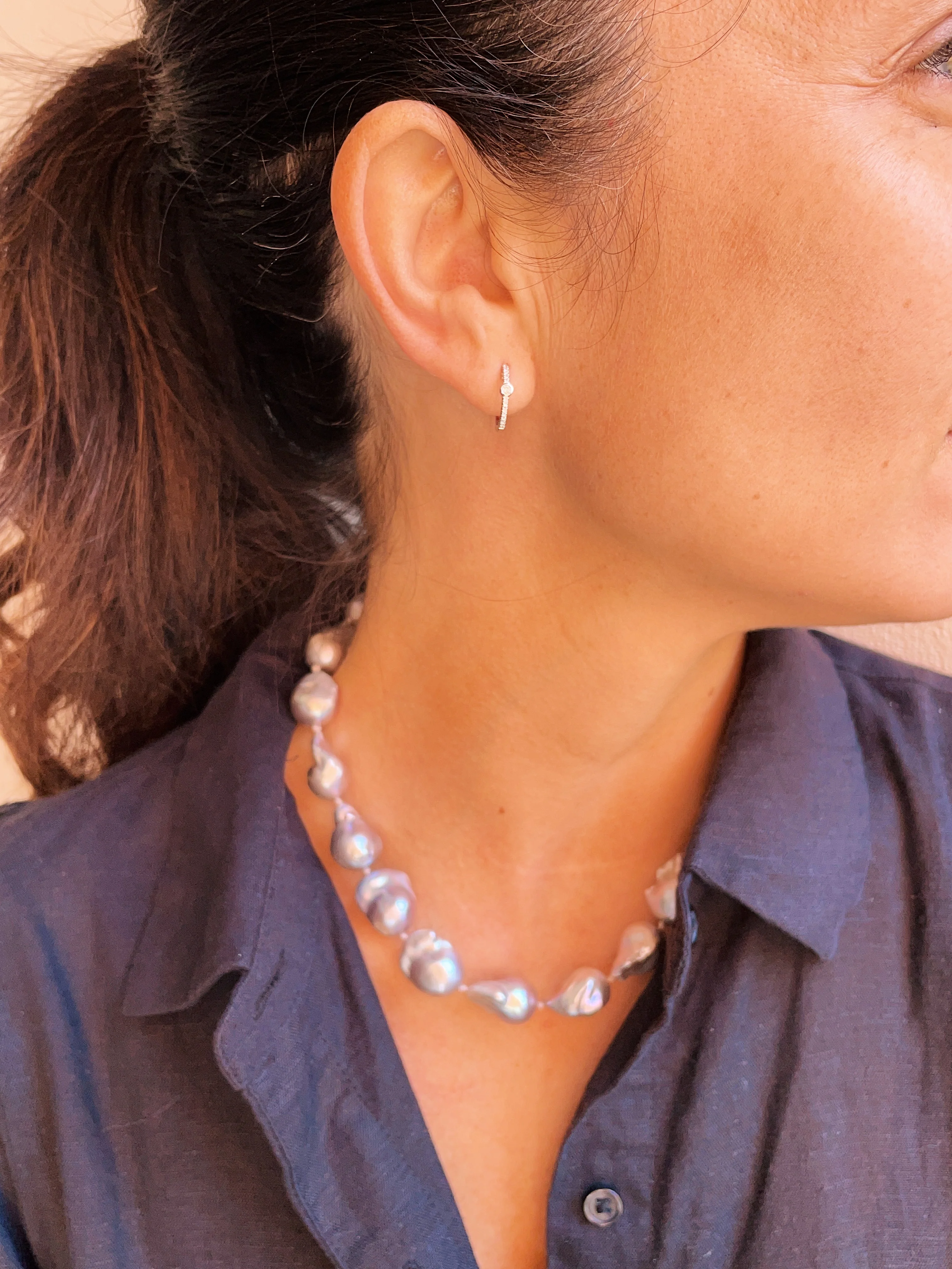 14k White Gold Diamond Bezel Huggies - Image 5