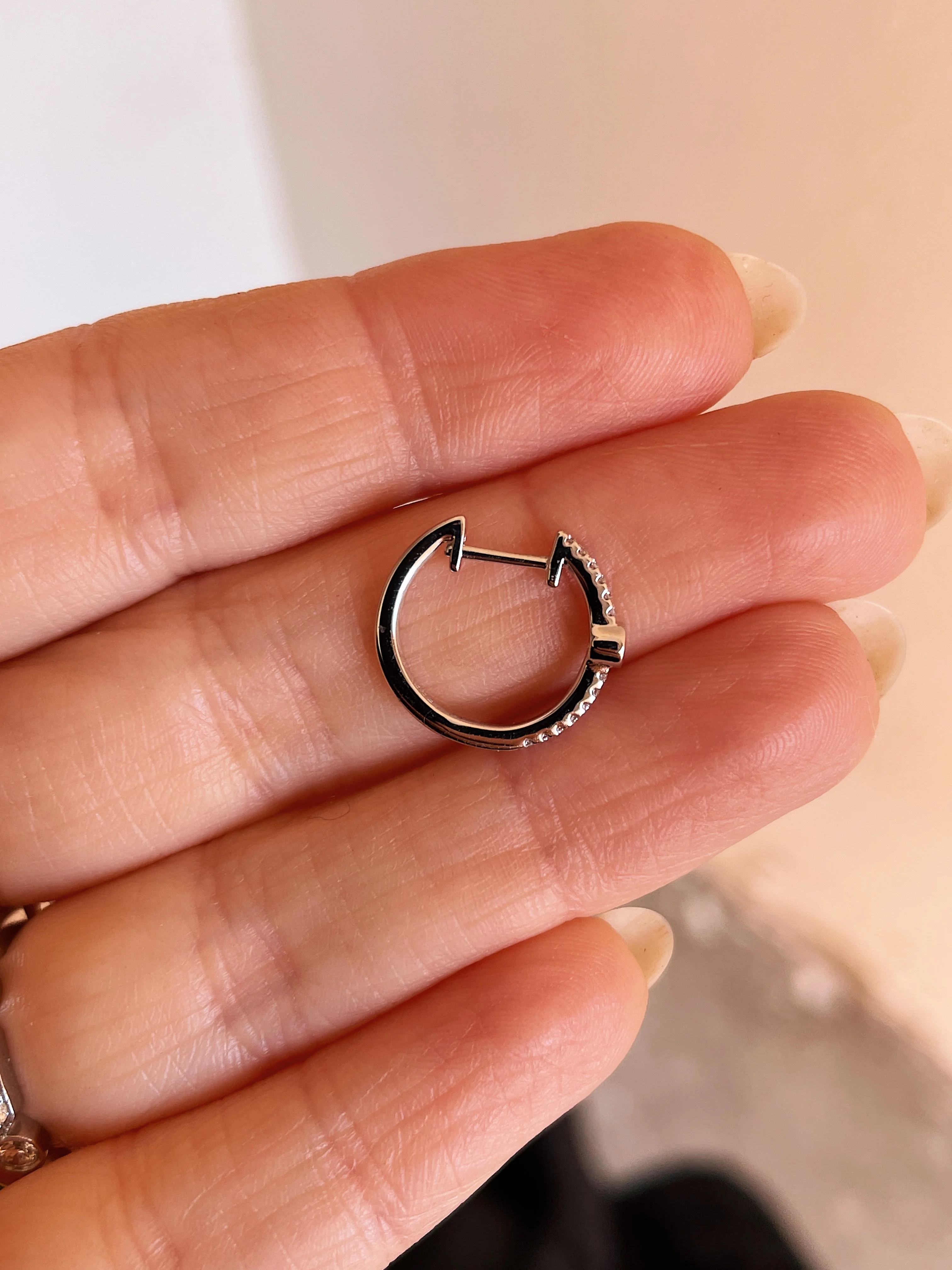 14k White Gold Diamond Bezel Huggies - Image 7