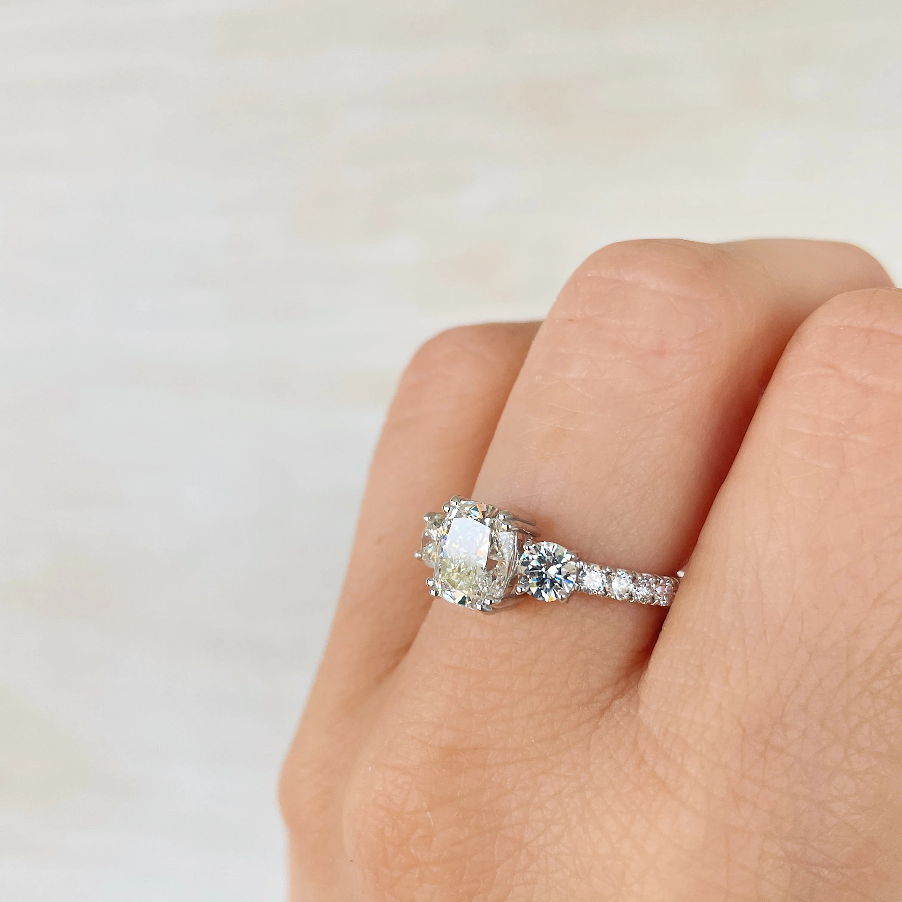 14k White Gold Cushion with Round Sides & Shoulders LAB Ring - Image 3