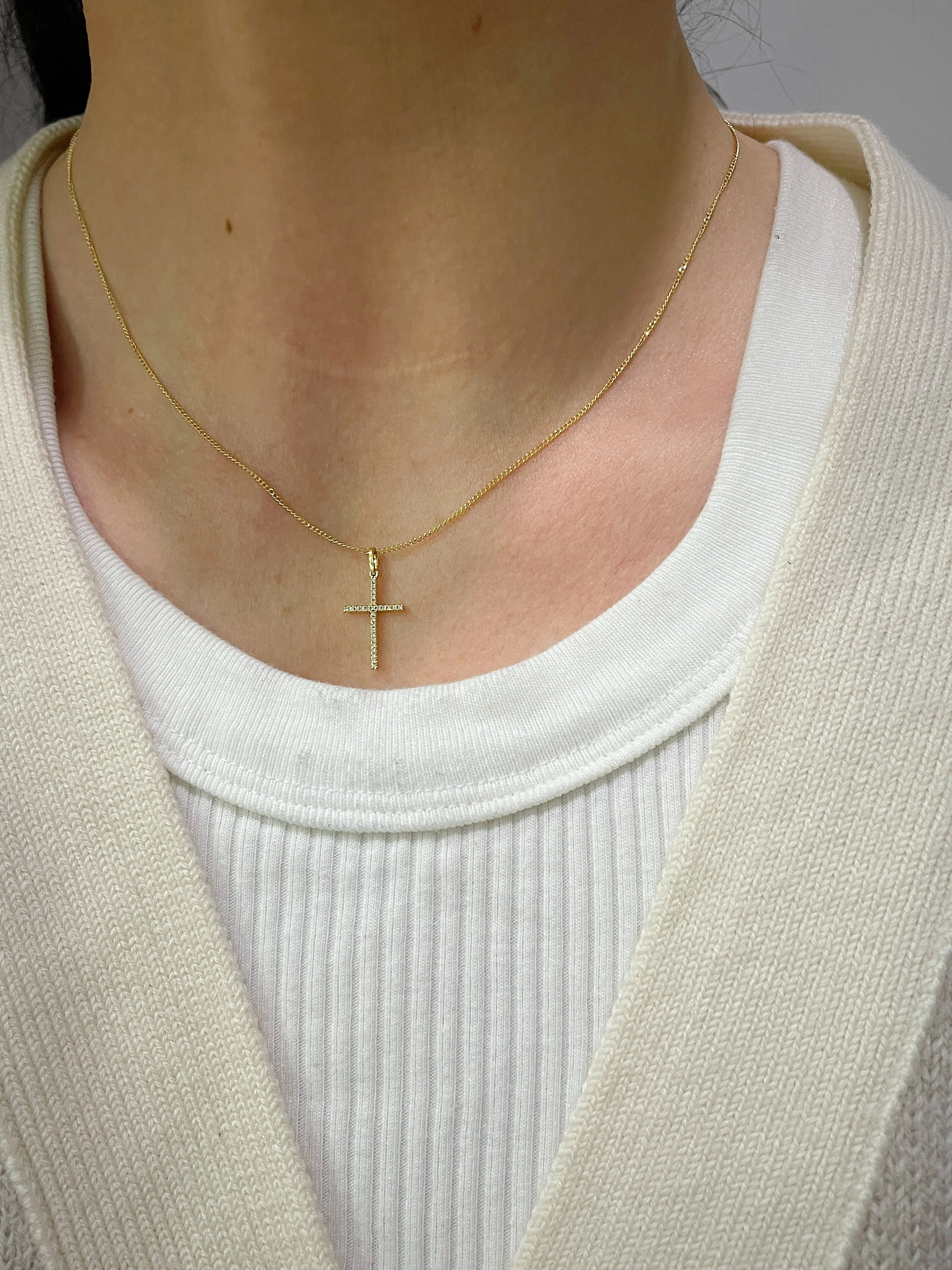 18k Yellow Gold Diamond Dainty Cross Necklace - Image 2