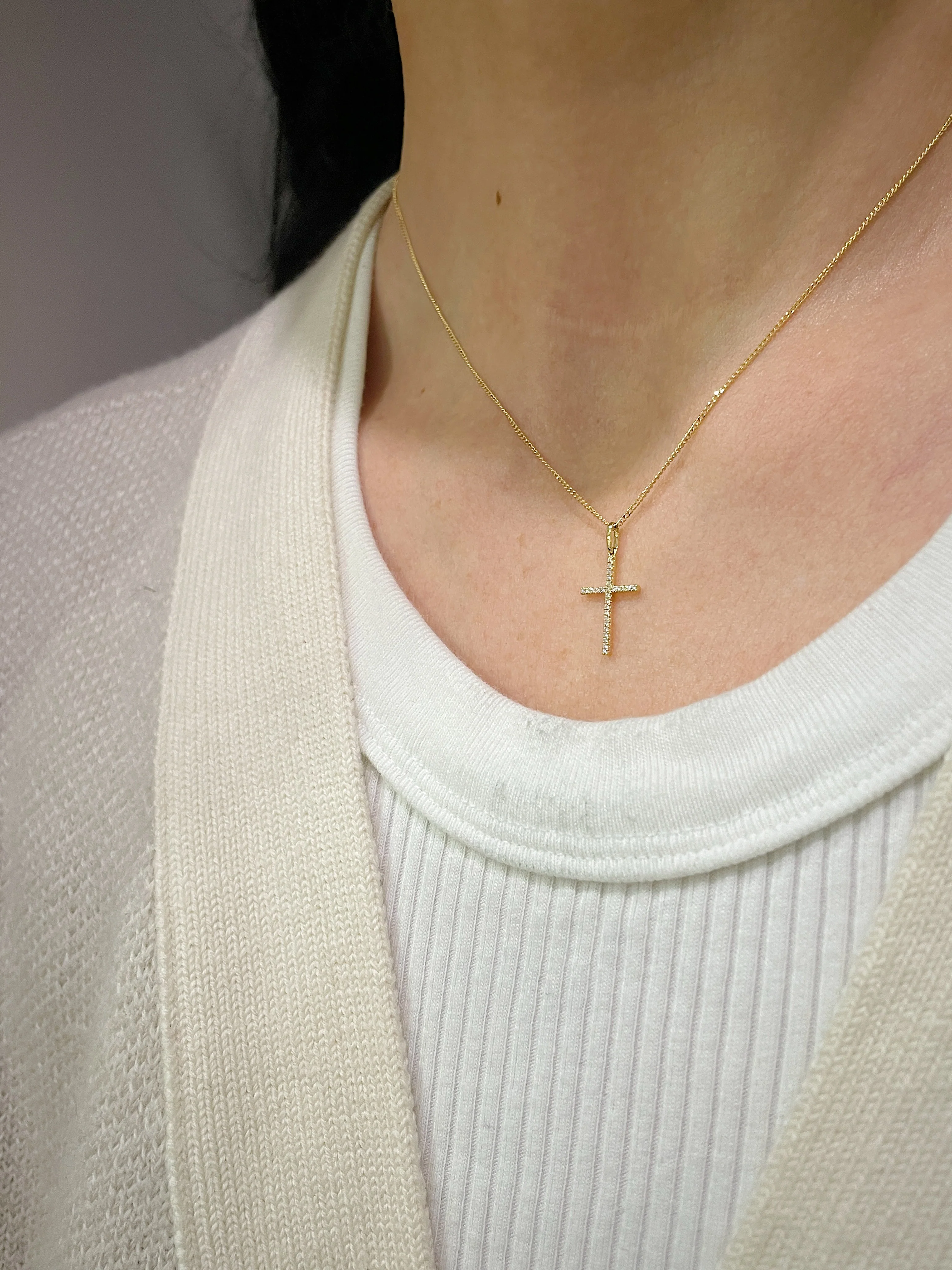18k Yellow Gold Diamond Dainty Cross Necklace - Image 5