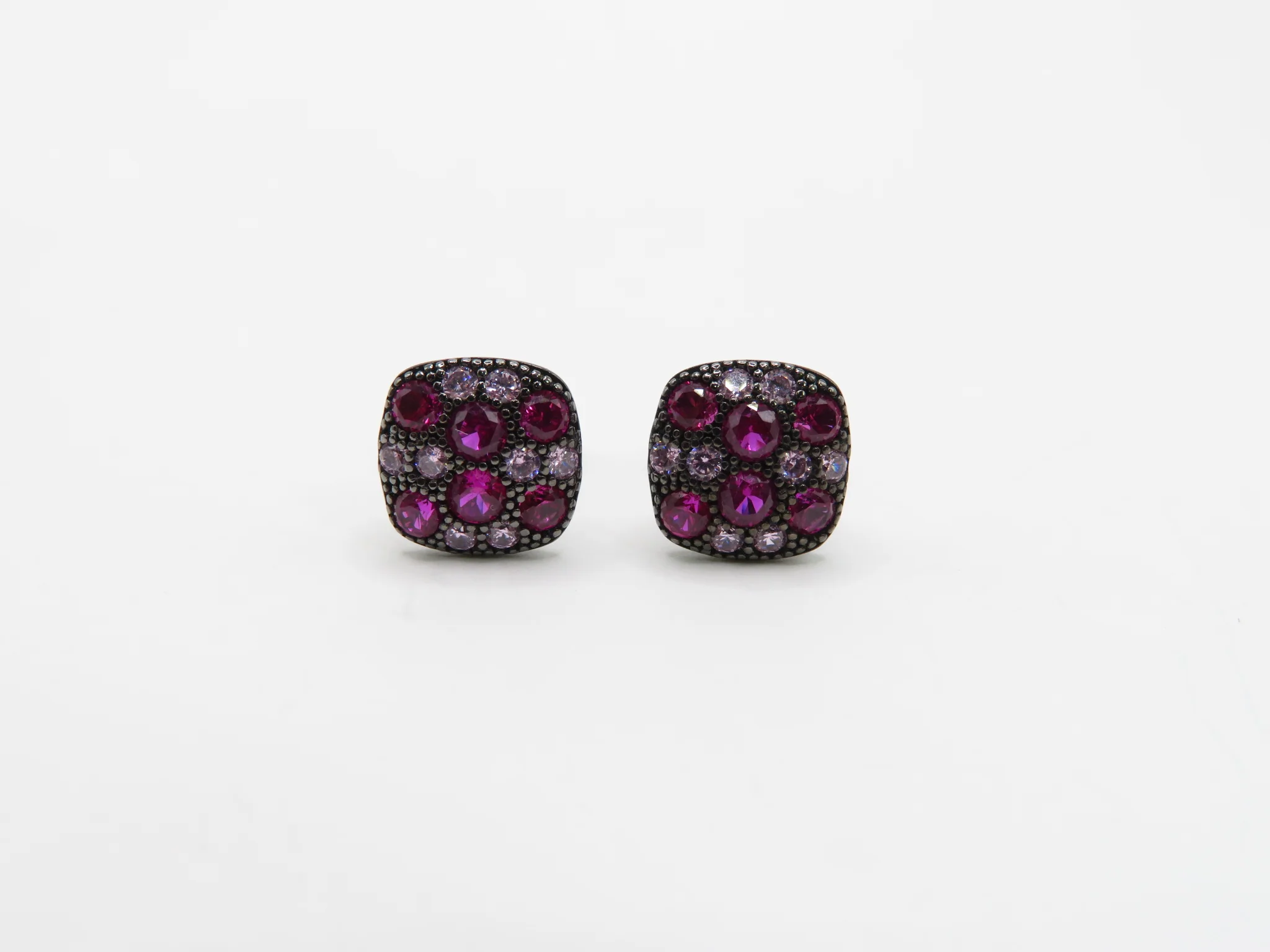 Sterling Silver Raspberry Pavé Cushion Studs