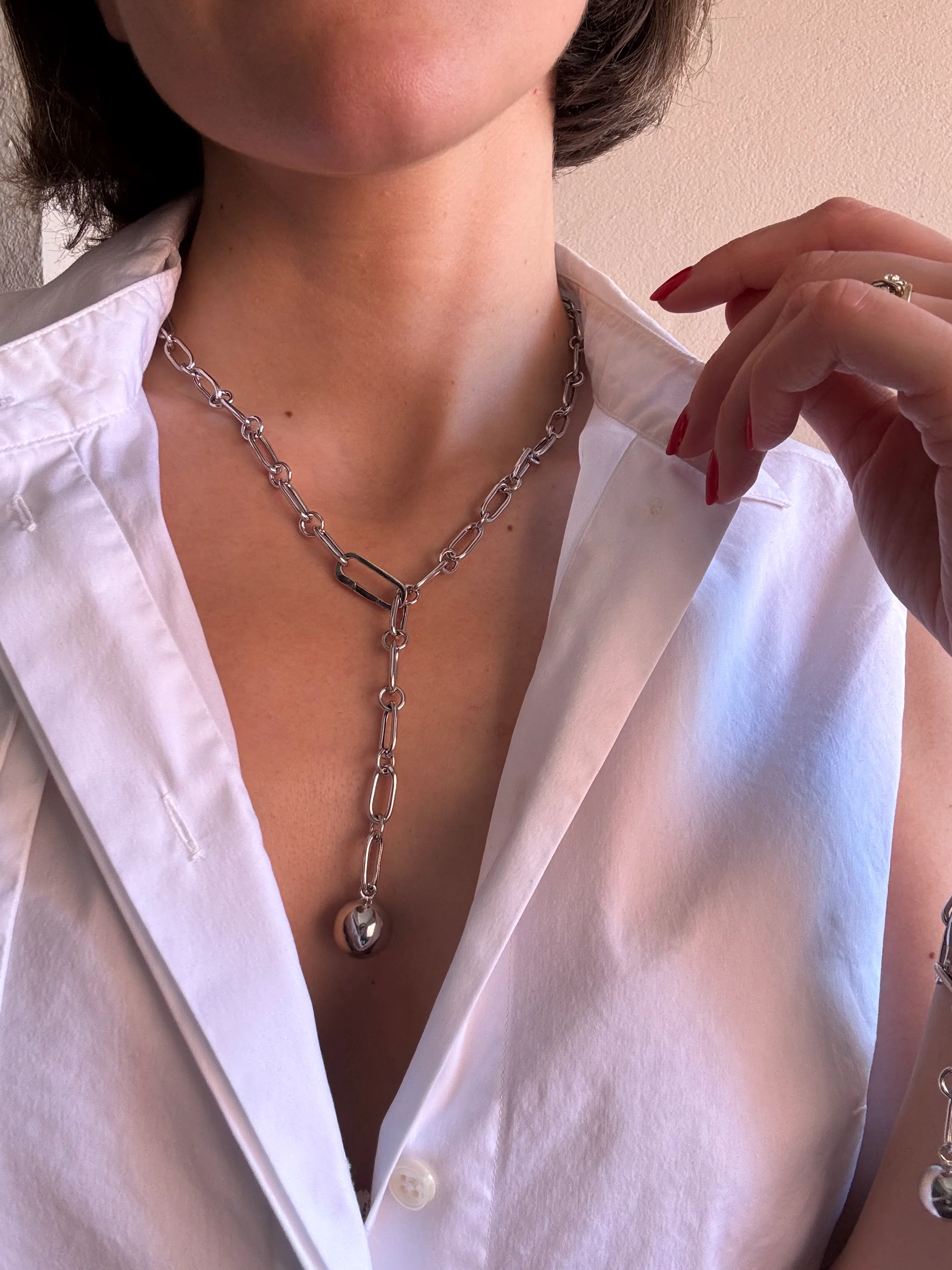 Sterling Silver Alternating Paperclip Necklace with Sphere - Image 5