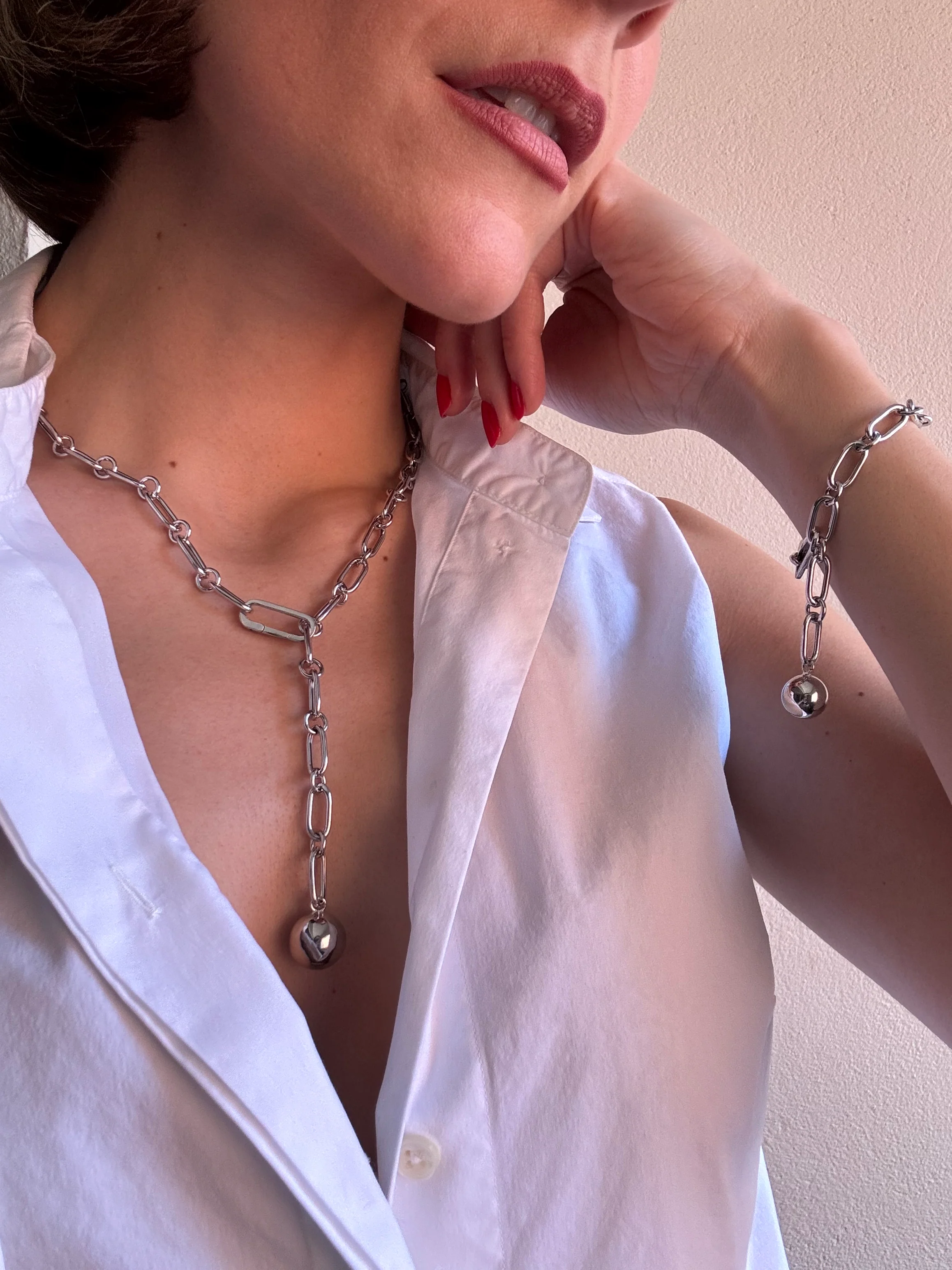 Sterling Silver Alternating Paperclip Necklace with Sphere - Image 6