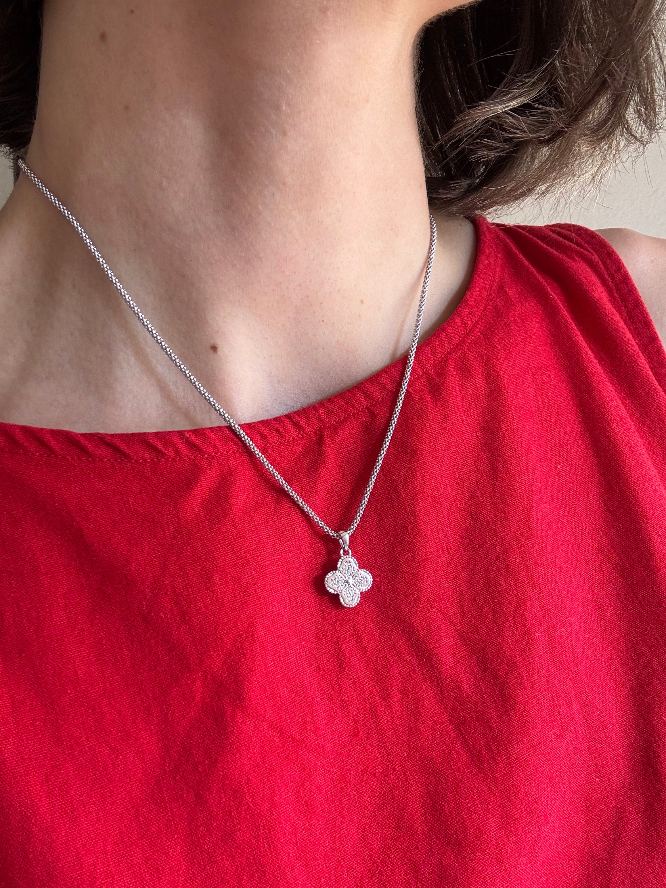 Sterling Silver Bead Set Clover Necklace - Image 4